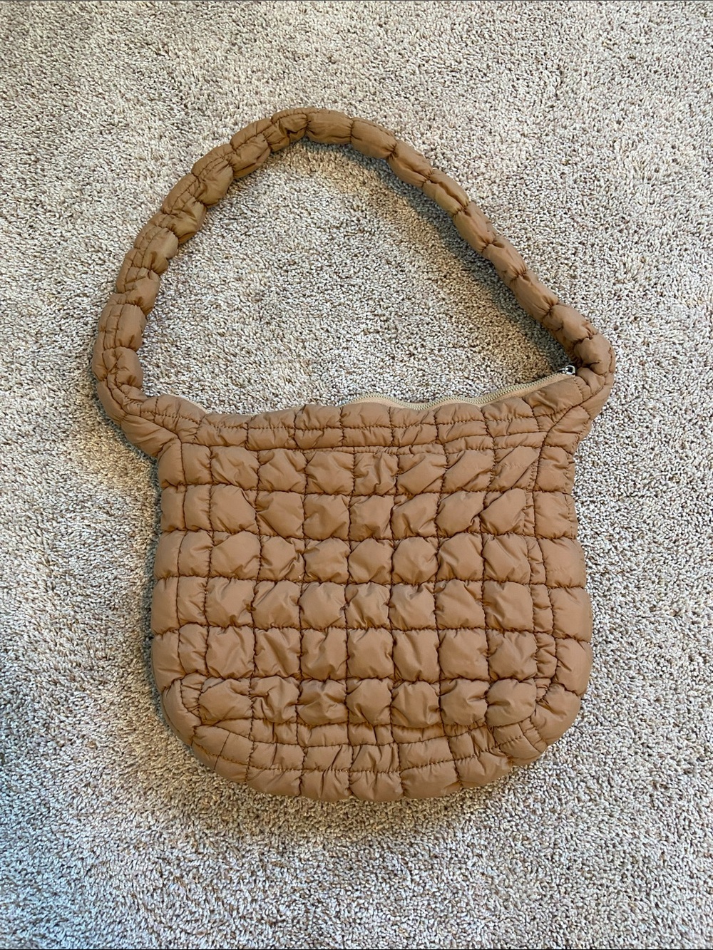 Tan Quilted Puffer Crossbody Hobo Bag